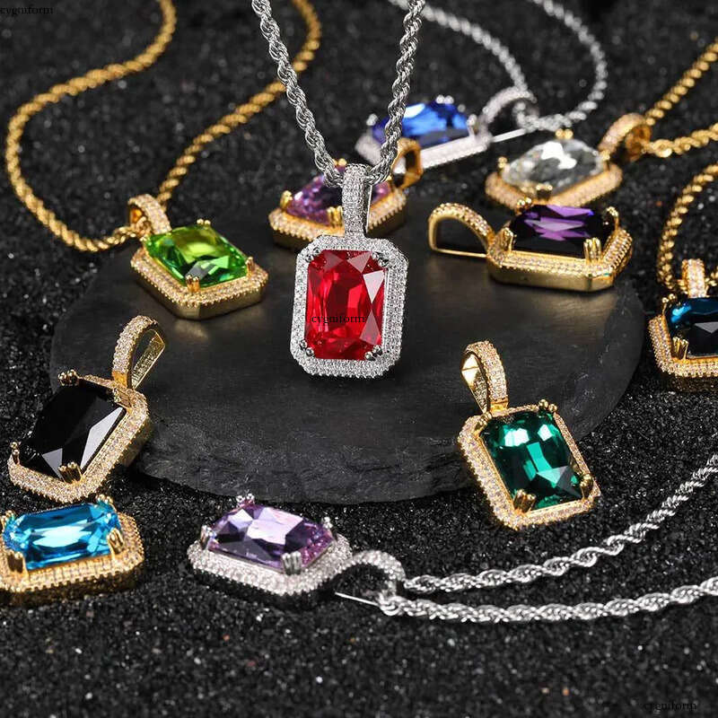 Colorful Square Gemstone Pendants TopBling Full Cubic Zirconia Choker Chain Necklaces for Women Men Hip Hop Jewelry