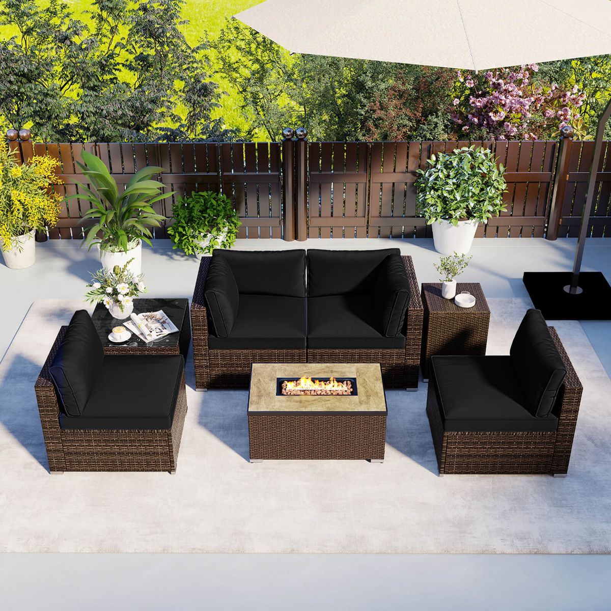 7-Piece Outdoor Furniture Set with 32" Fire Pit Table  - Black