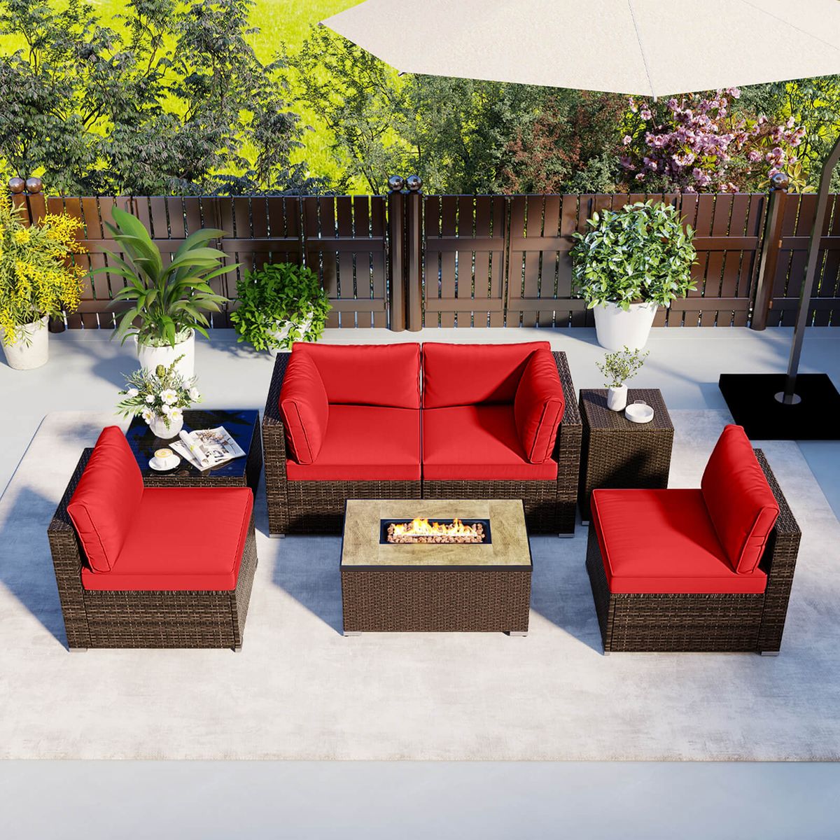 7-Piece Outdoor Furniture Set with 32" Fire Pit Table  - Red