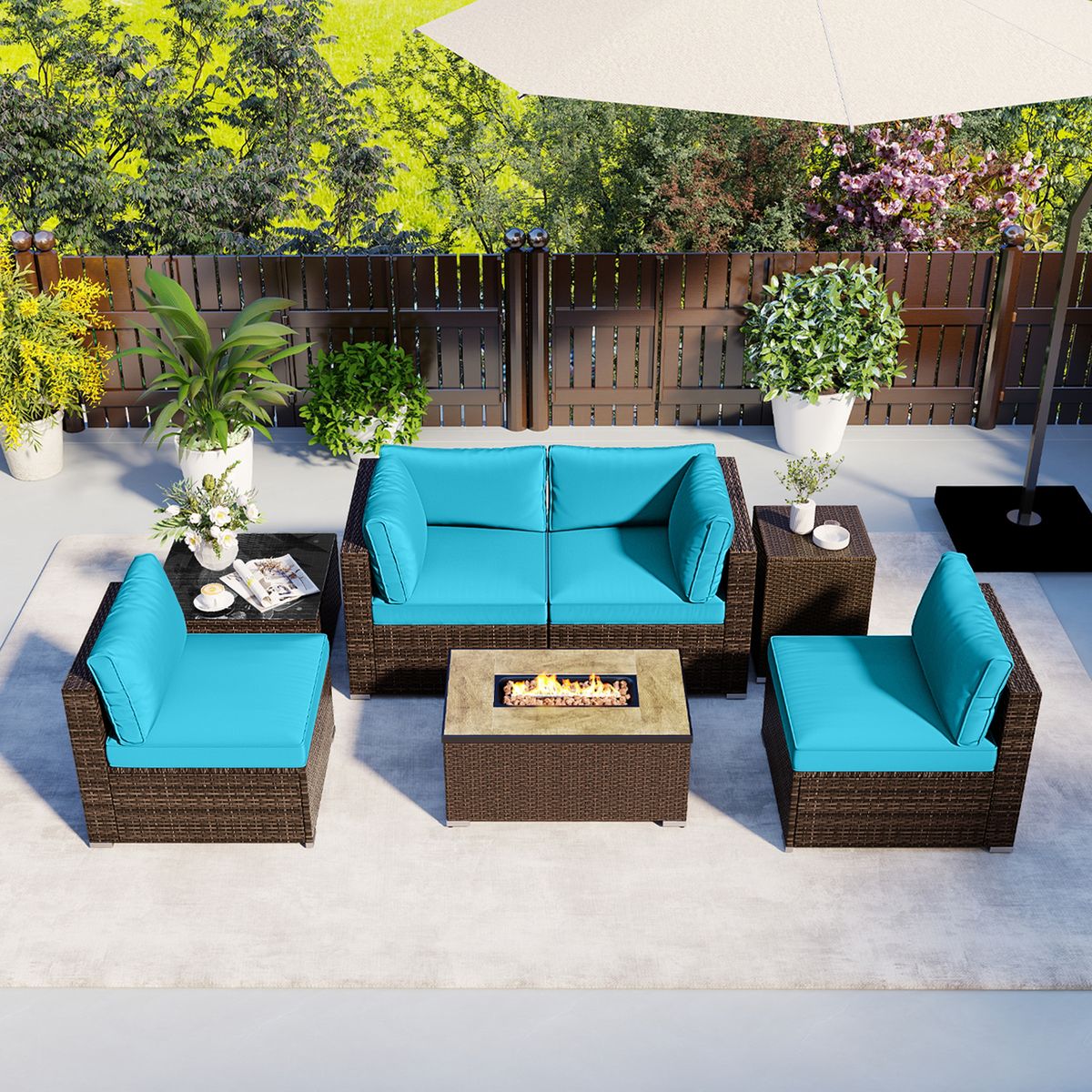 7-Piece Outdoor Furniture Set with 32" Fire Pit Table  - Turquoise