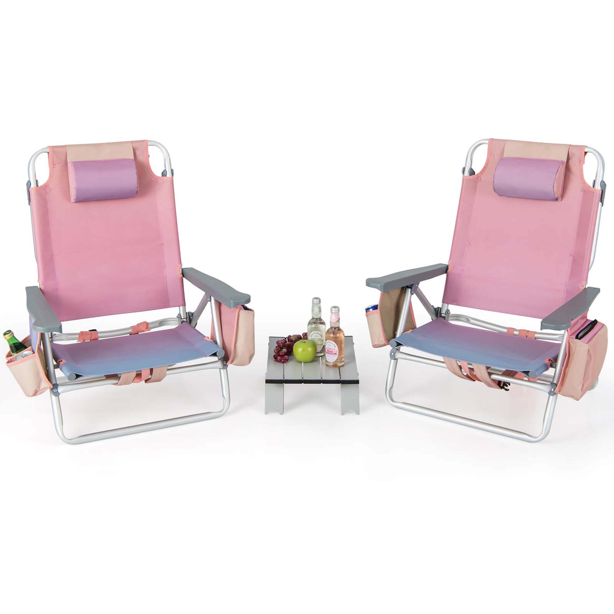Adjustable Folding Backpack Beach Chairs and Table Set  - Beach Set-Pink