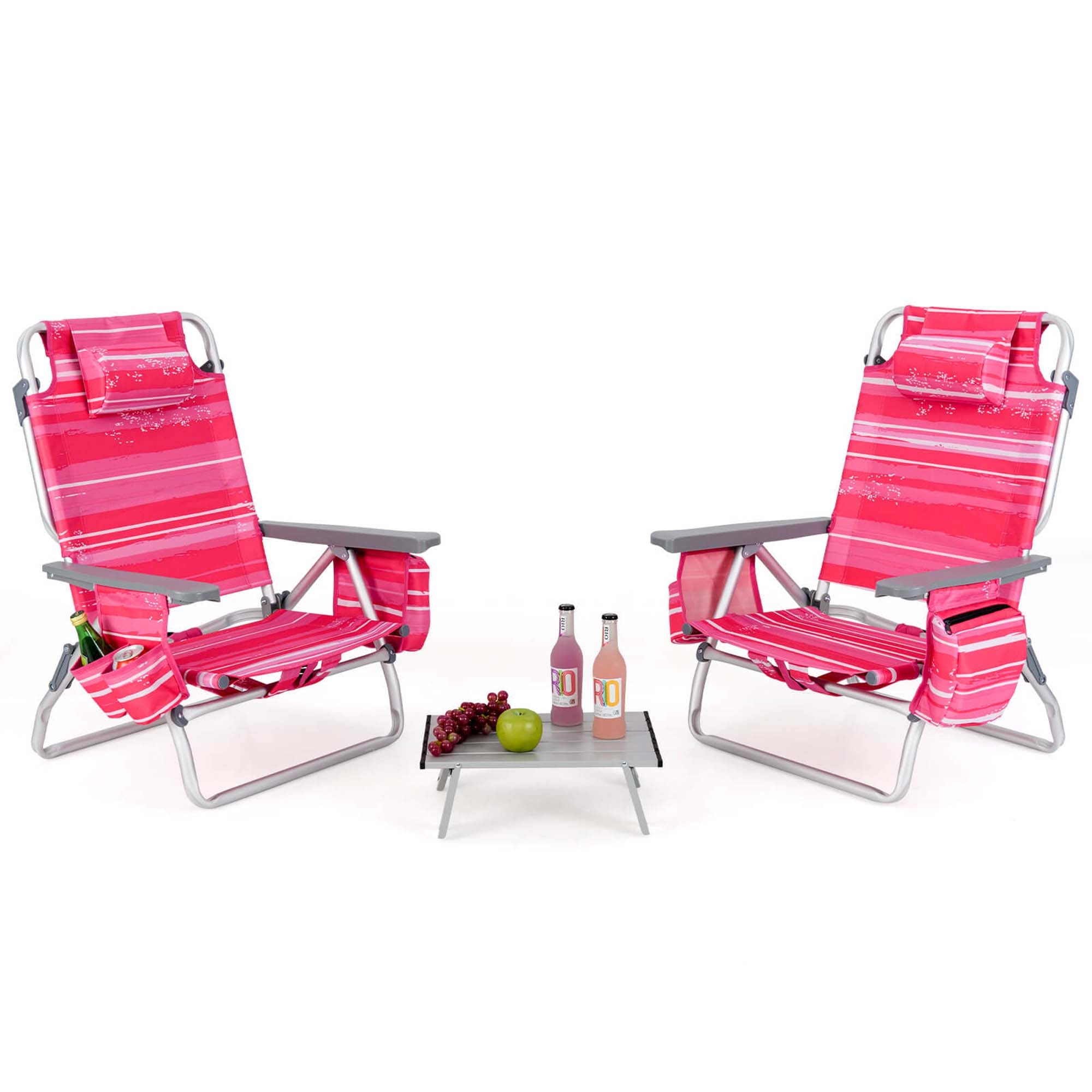 Adjustable Folding Backpack Beach Chairs and Table Set  - Beach Set-Hot Pink