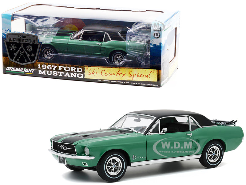 1967 Ford Mustang Coupe Loveland Green Metallic with Black Stripes and Black Top and a Pair of Skis "Ski Country Special" 1-18 Diecast Model Car by G