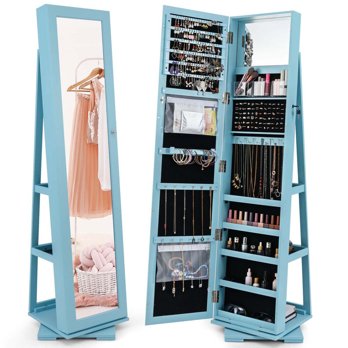 2-in-1 Lockable Mirrored 360° Rotating Jewelry Armoire - Blue