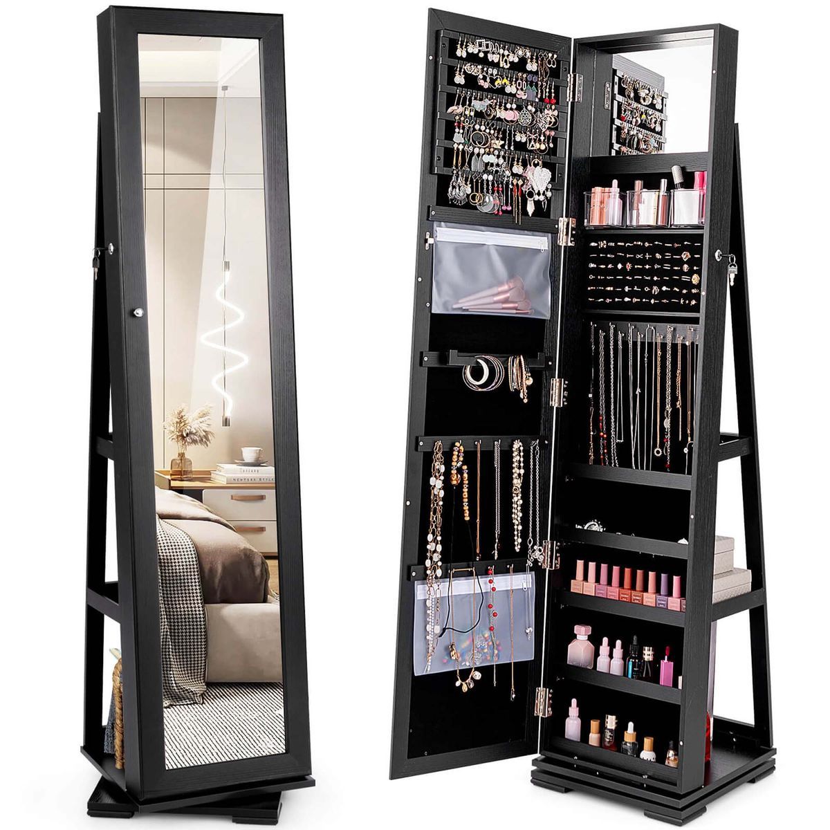 2-in-1 Lockable Mirrored 360° Rotating Jewelry Armoire - Black