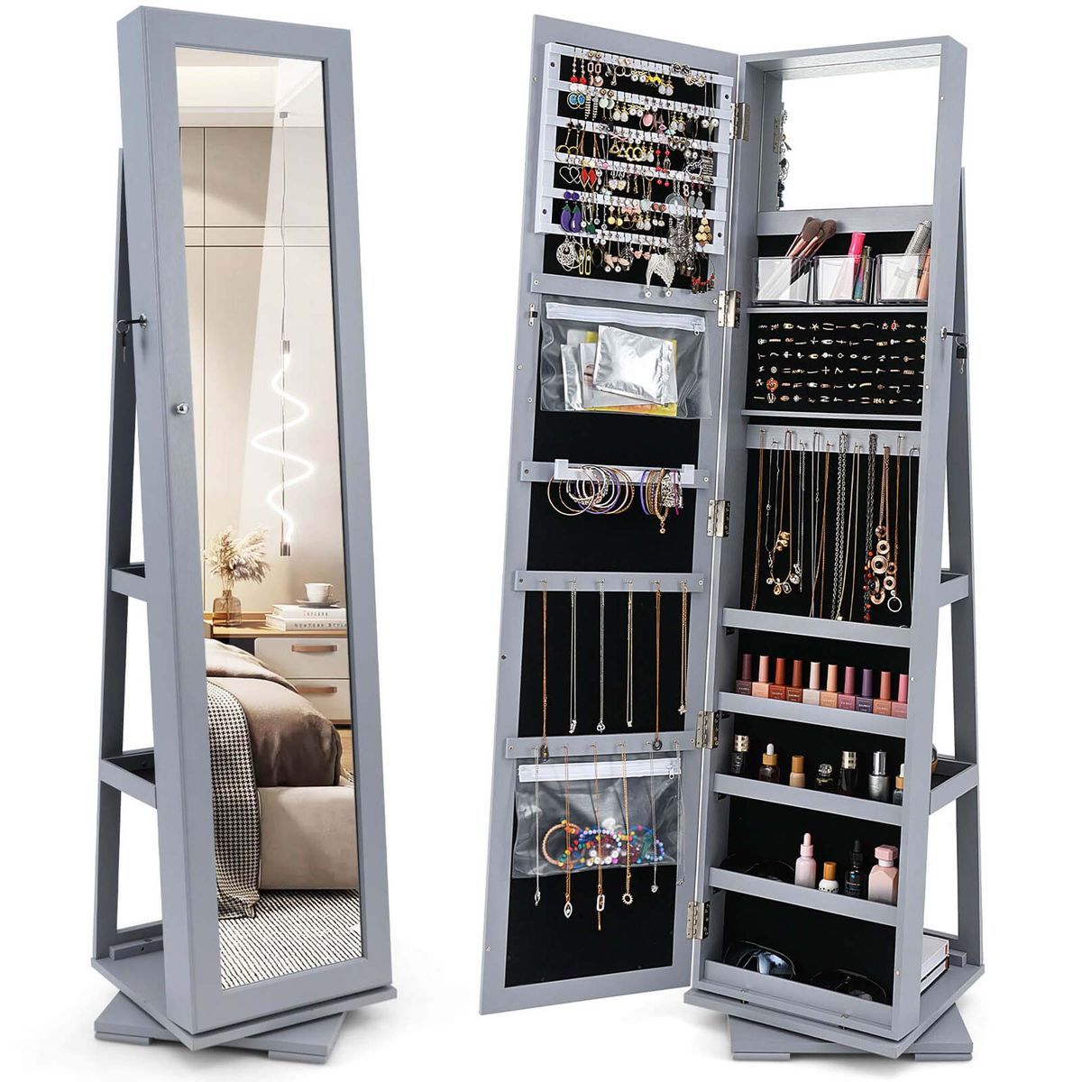 2-in-1 Lockable Mirrored 360° Rotating Jewelry Armoire - Gray