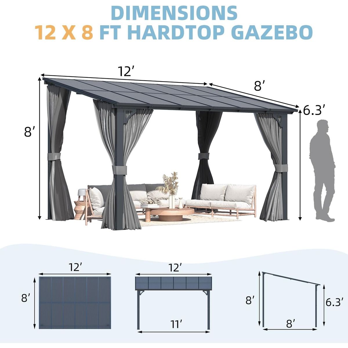 Outdoor Hard Top Lean-to Pergola with Curtains and Netting - 12' x 8'