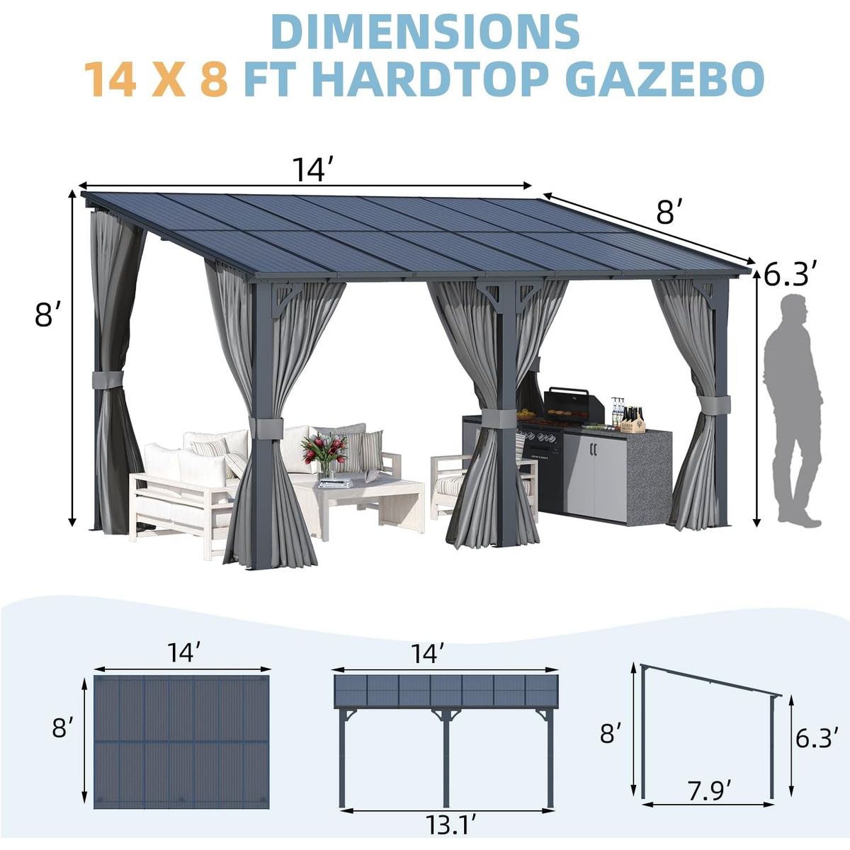 Outdoor Hard Top Lean-to Pergola with Curtains and Netting - 14' x 8'