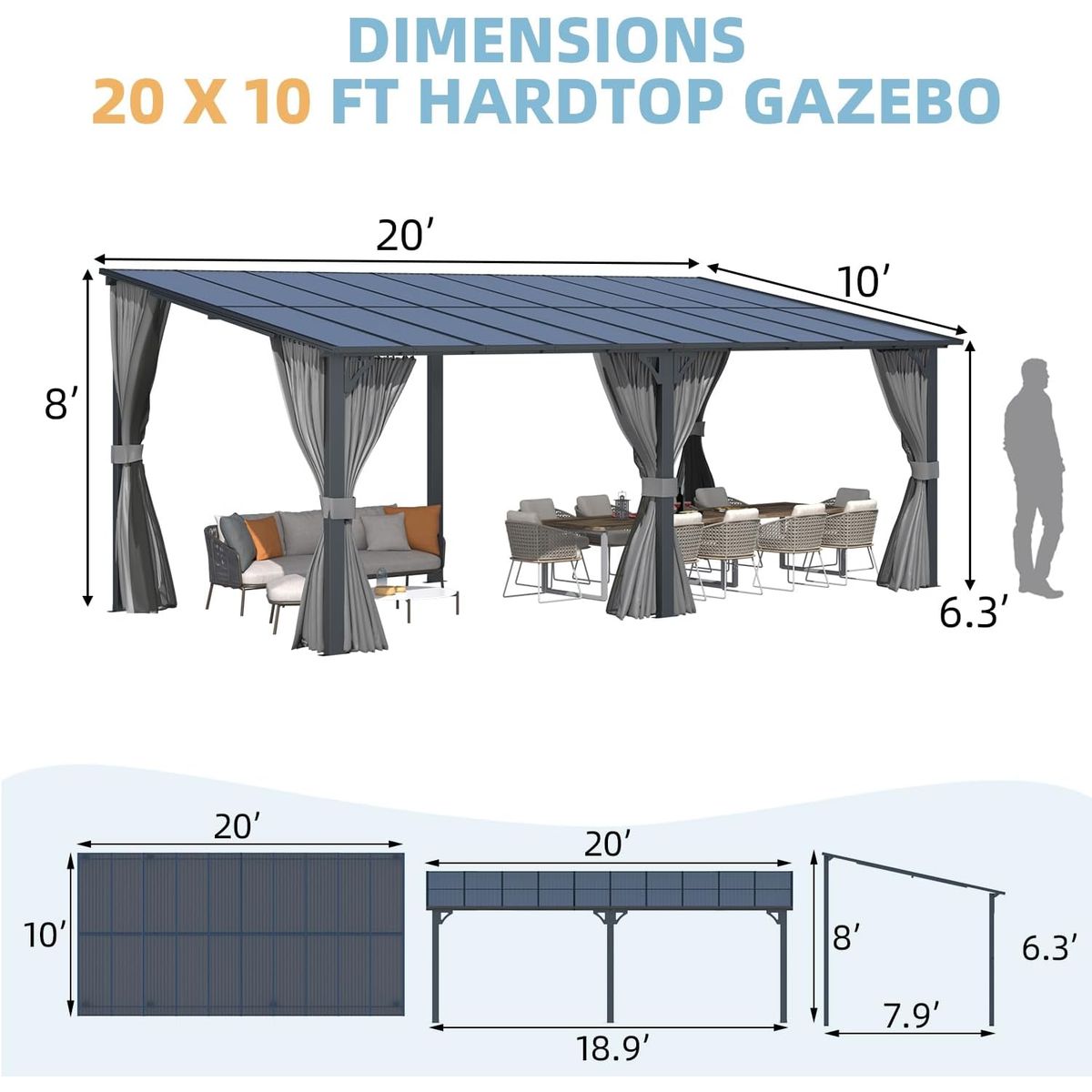 Outdoor Hard Top Lean-to Pergola with Curtains and Netting - 20' x 10'