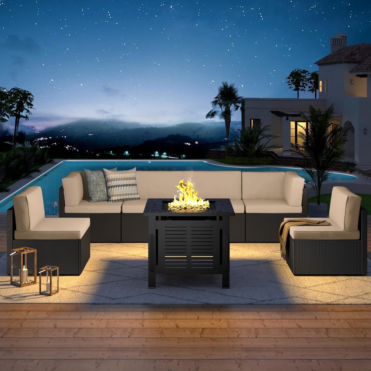7 Piece Outdoor Patio Furniture Set with Fire Pit Table - 16002BKBG+16533BK-UG01