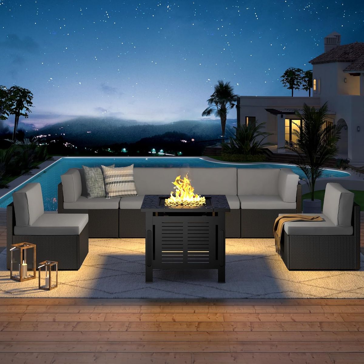 7 Piece Outdoor Patio Furniture Set with Fire Pit Table - 16002BKDG+16533BK-UG01