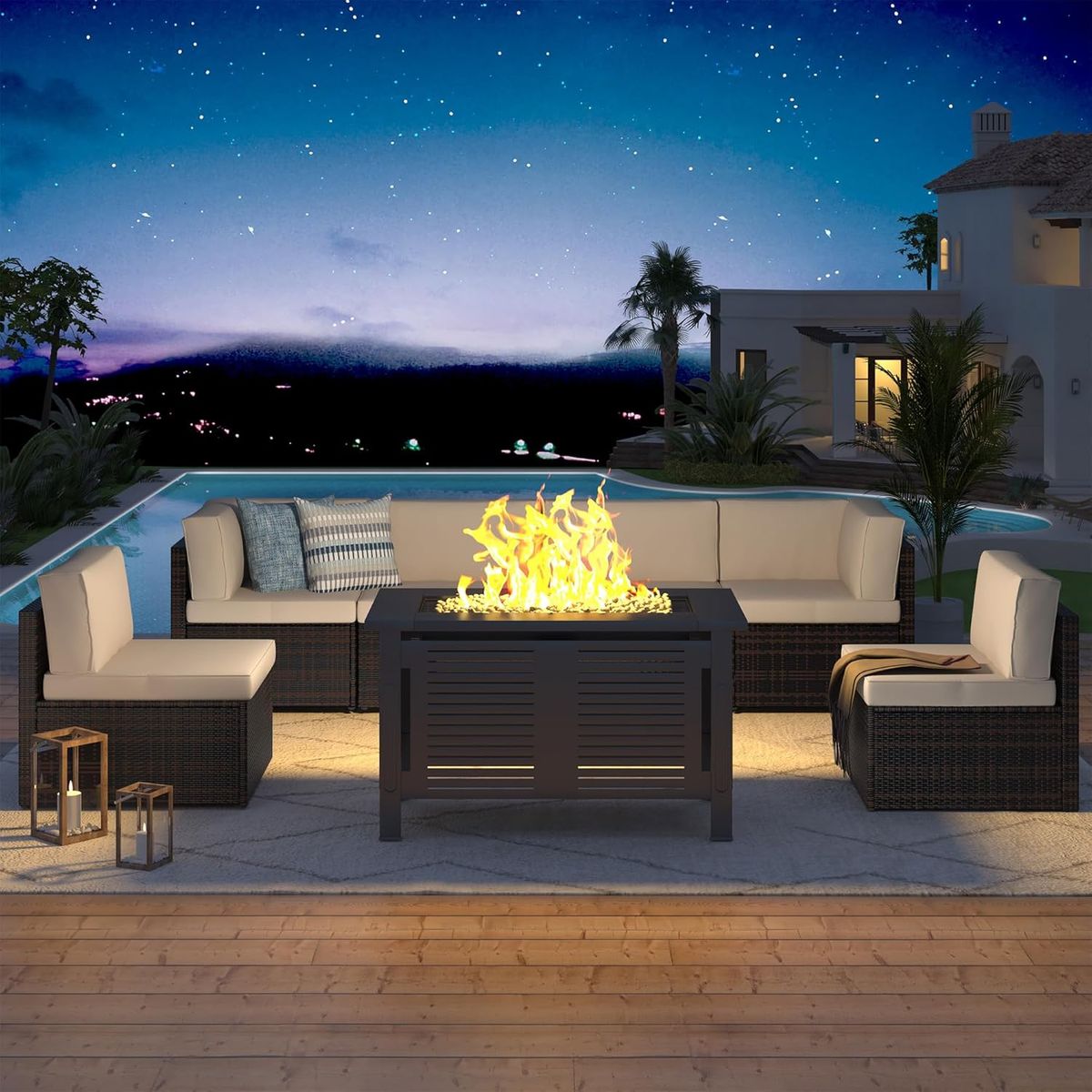 7 Piece Outdoor Patio Furniture Set with Fire Pit Table - 16002BRBG+16532BK-UG01