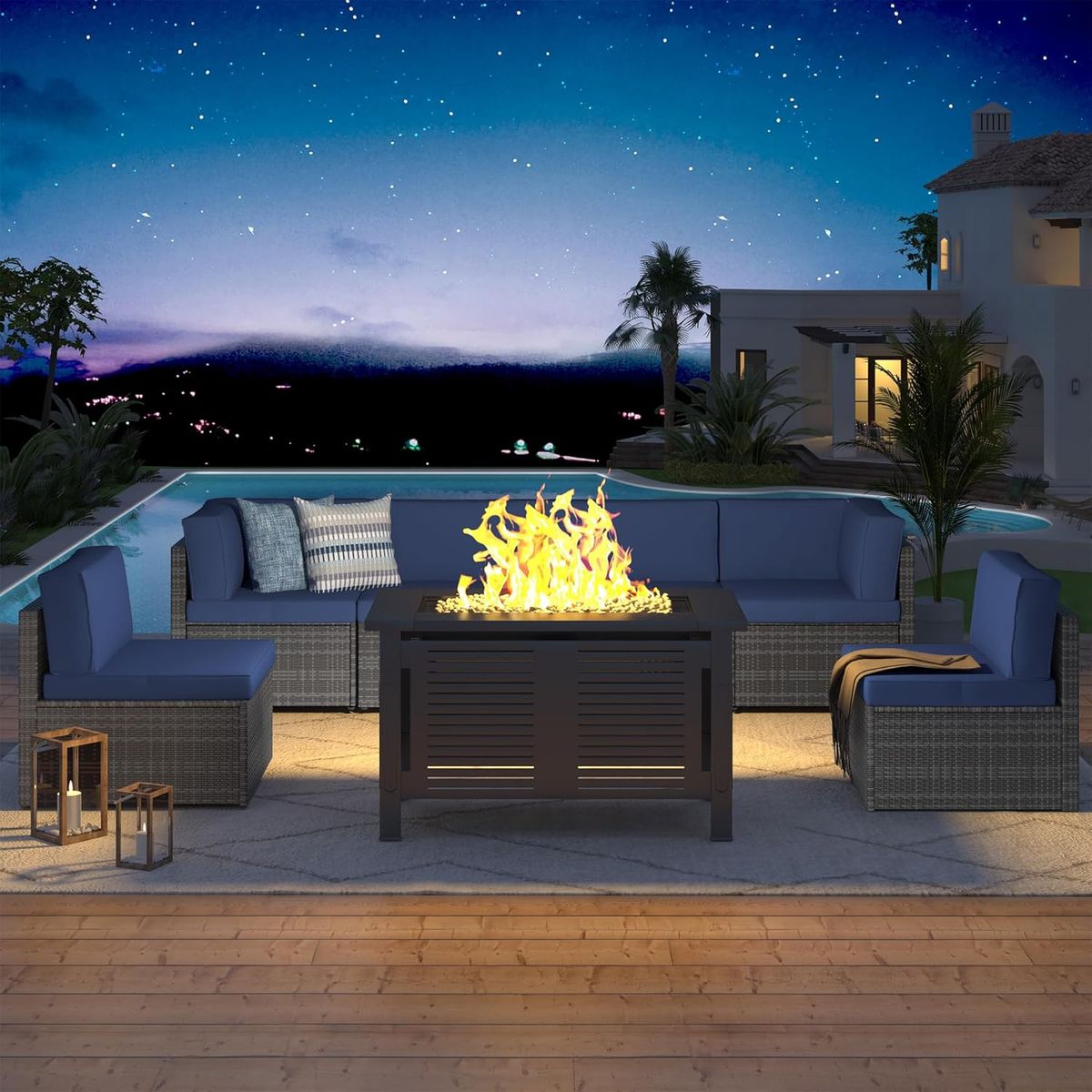 7 Piece Outdoor Patio Furniture Set with Fire Pit Table - 16002GRDBU+16532BK-UG01
