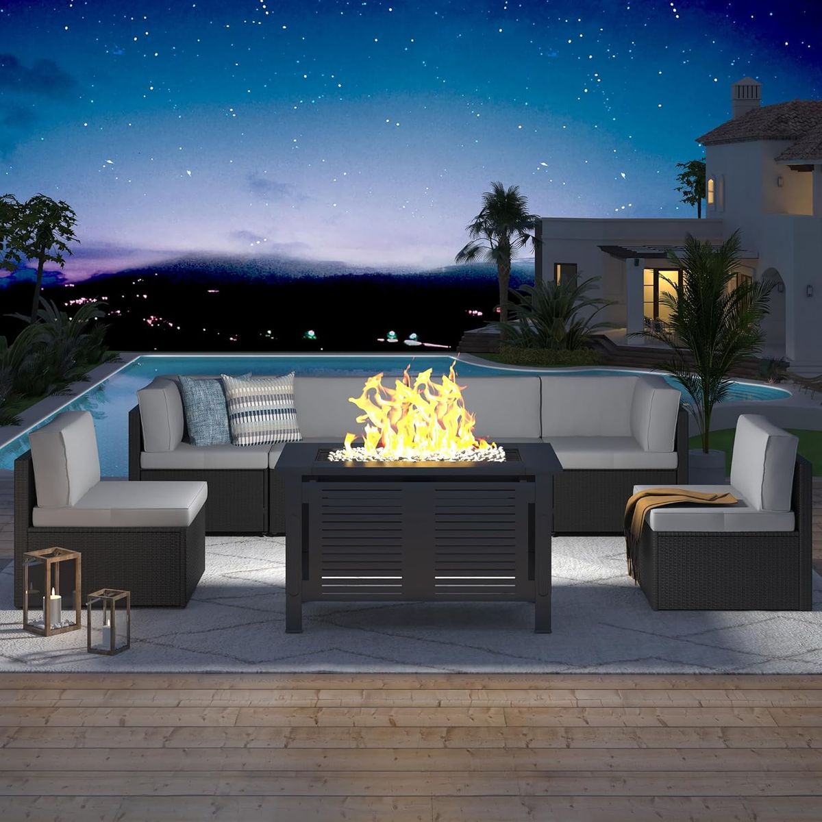 7 Piece Outdoor Patio Furniture Set with Fire Pit Table - 16002BKDG+16532BK-UG01