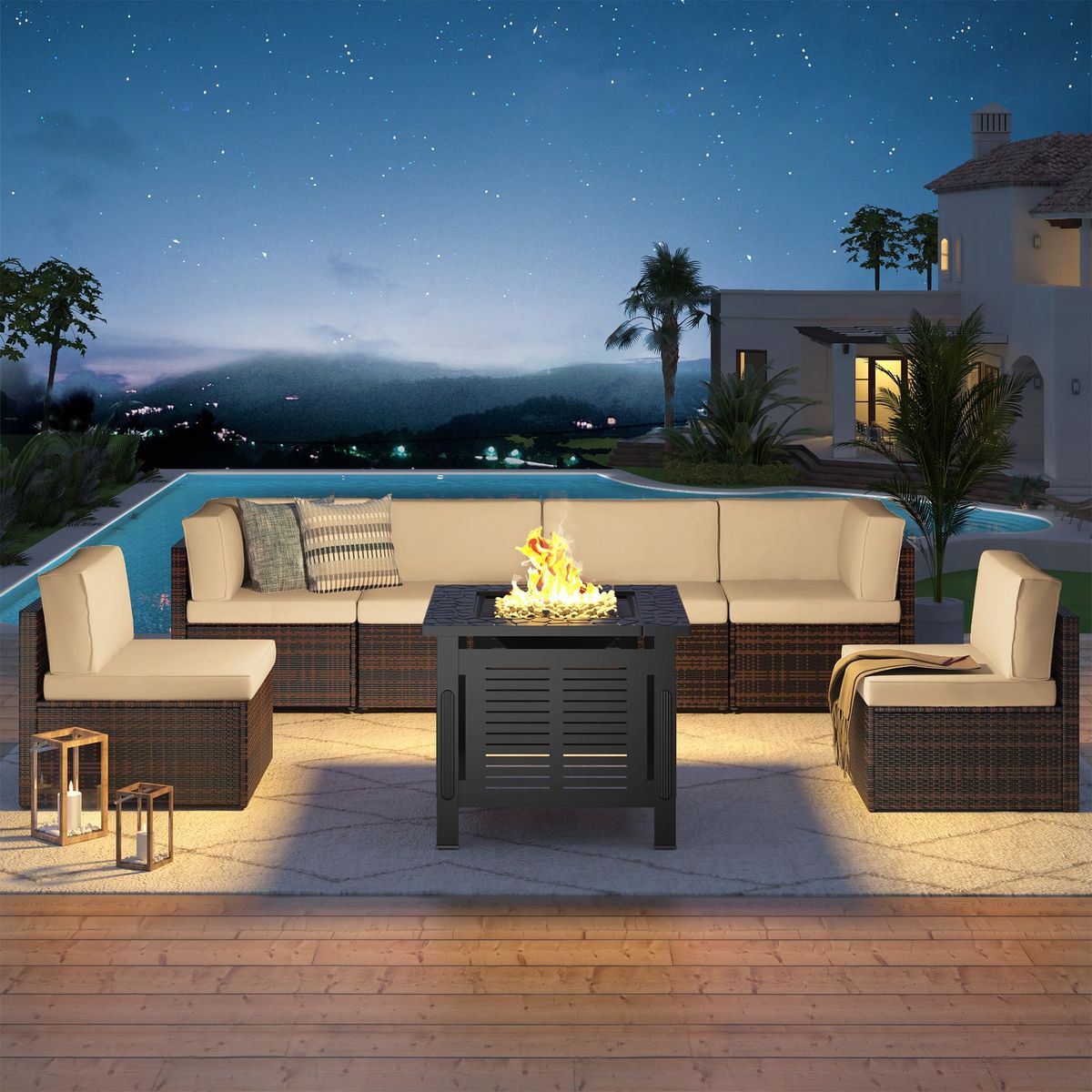 7 Piece Outdoor Patio Furniture Set with Fire Pit Table - 16002BRBG+16533BK-UG01