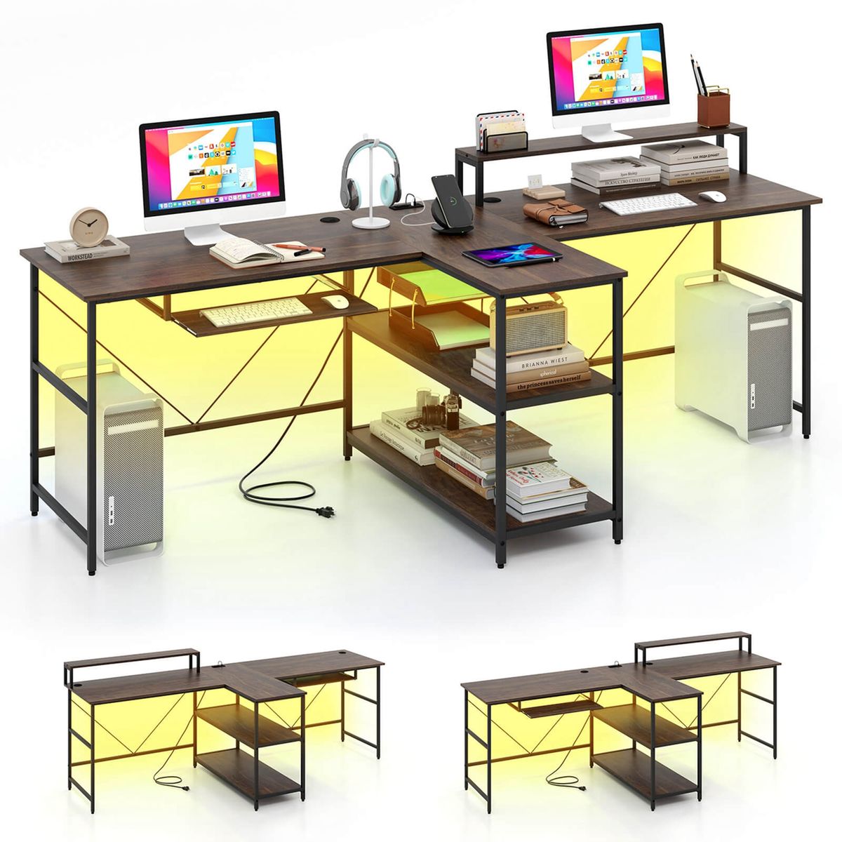 94.5" 2-Person Reversible Computer/Office Desk with LED Lights - Office Desk-Coffee