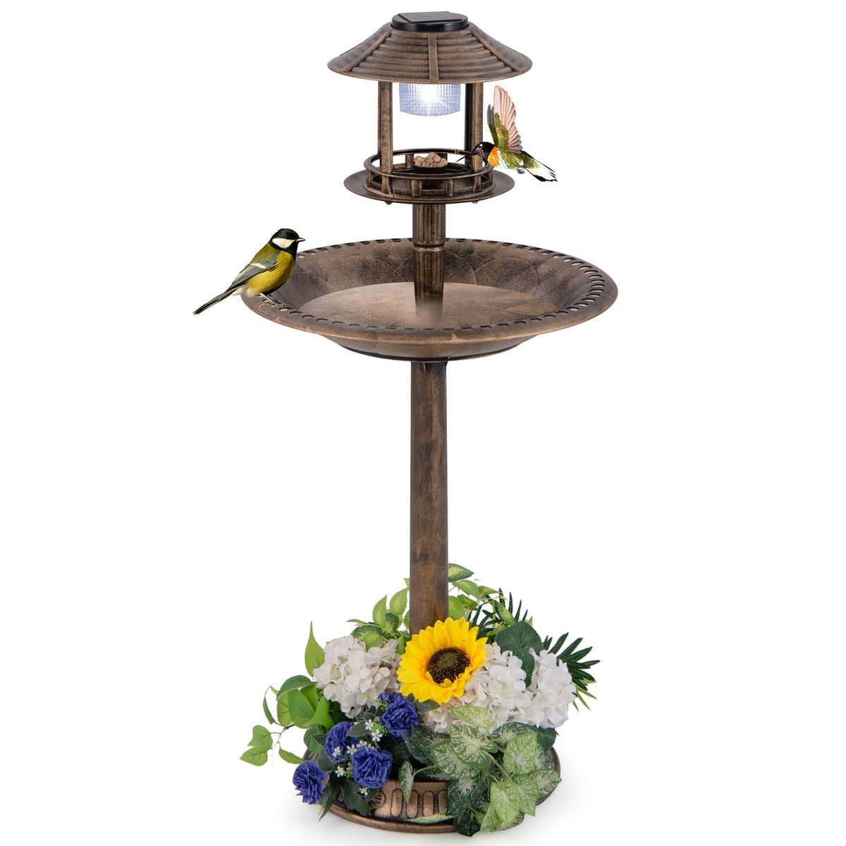 Pedestal Bird Bath with Solar Light, Bird Feeder, and Flower Planter - Bird Feeder & Flower Planter-Bronze
