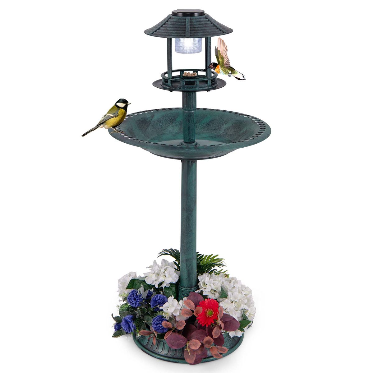 Pedestal Bird Bath with Solar Light, Bird Feeder, and Flower Planter - Bird Feeder -Green