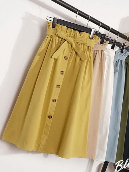 Skirts Summer Autumn Womens Midi Knee Length Korean Elegant Button High Waist Skirt Female Pleated School 231019