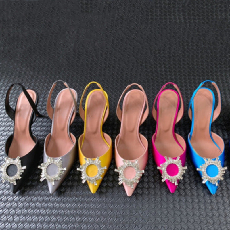 Womens Satin Sling Rhinestone Sandals Pointed Toe 2024 Summer High Heels Party Wedding Bride Shoes A010