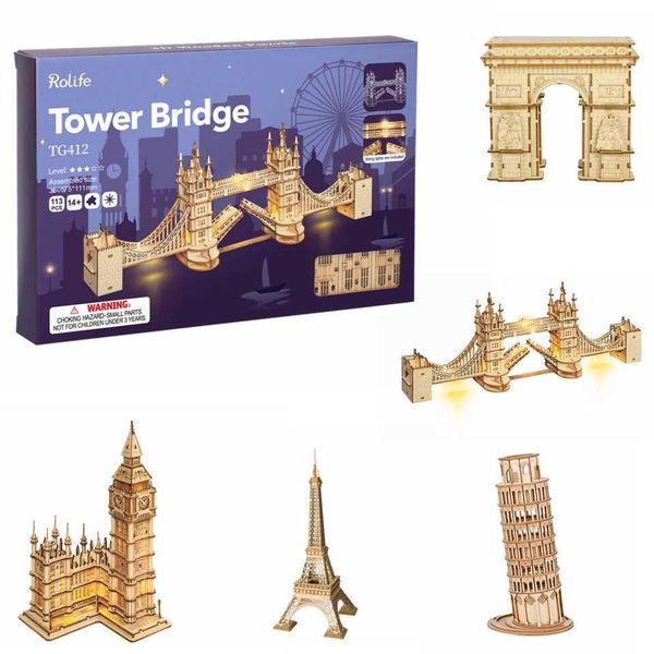 Robotime Wooden Puzzle Game DIY 3D Tower BridgeBig BenFamous Building Assembly Toy Gift for Children Teen AdultT250104
