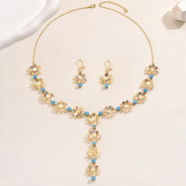 Elegantes conjuntos de pendientes y collares de circonita cúbica de hierro con flores para fiestas de vacaciones de mujeres