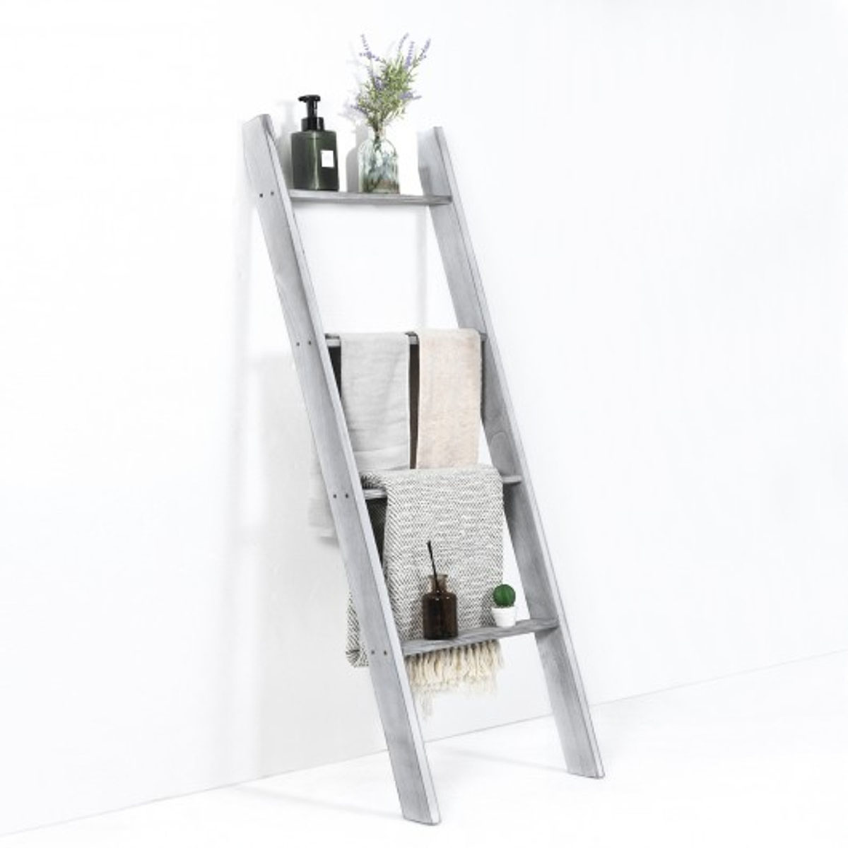4-Tier Wall-Leaning Ladder Shelf Stand - Ladder Wood GR