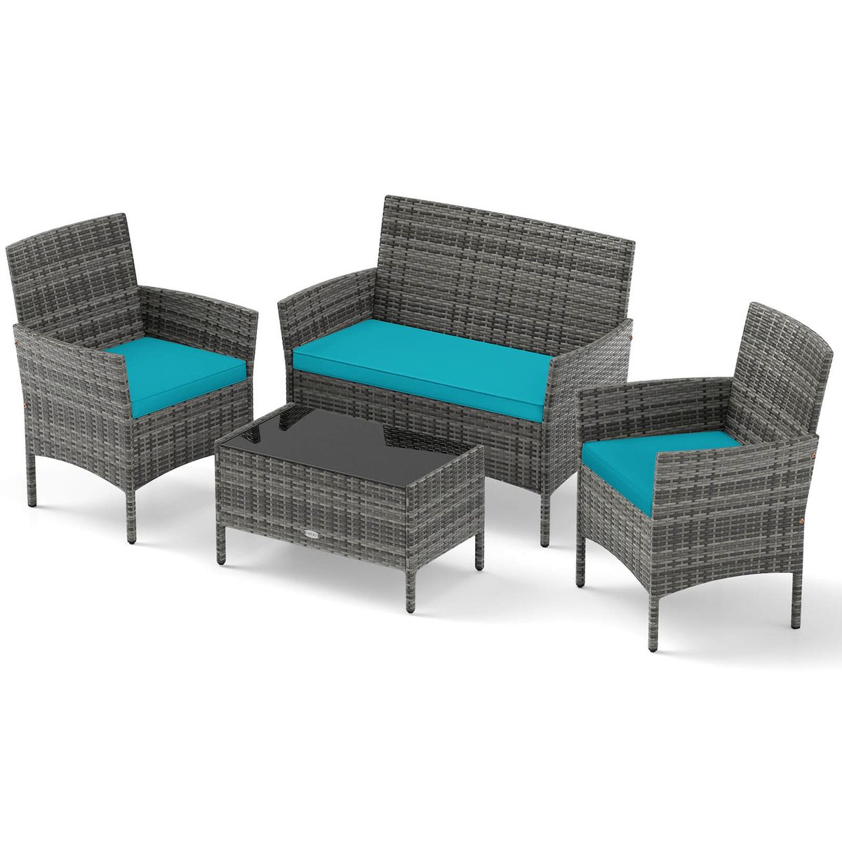 4-Piece Patio Furniture Set with Tempered Glass Coffee Table  - Turquoise