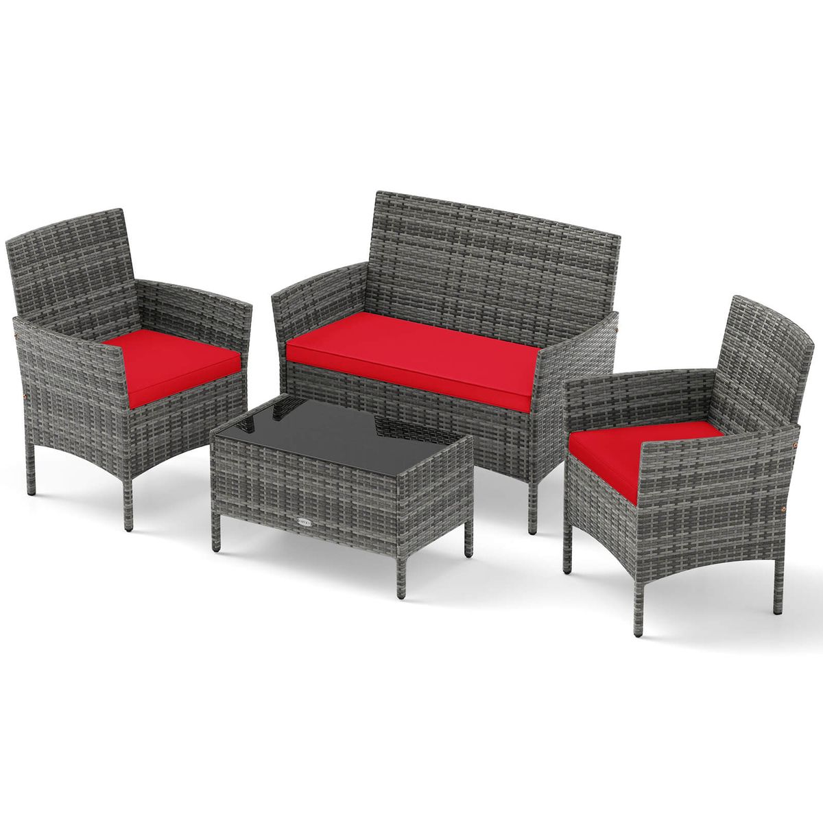 4-Piece Patio Furniture Set with Tempered Glass Coffee Table  - Red Cushion