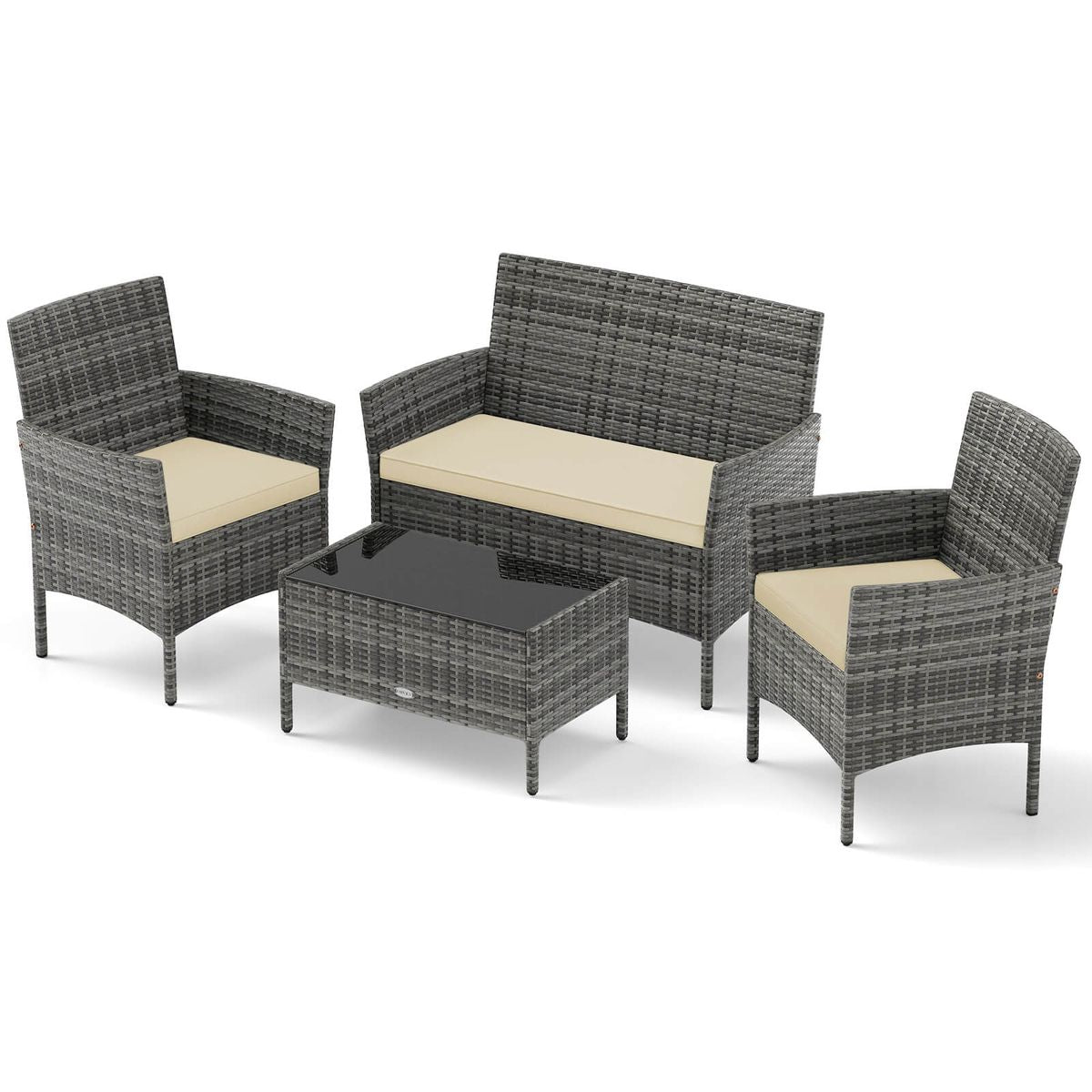 4-Piece Patio Furniture Set with Tempered Glass Coffee Table  - Beige Cushion