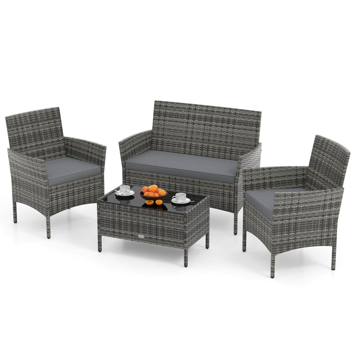 4-Piece Patio Furniture Set with Tempered Glass Coffee Table  - Gray Cushion