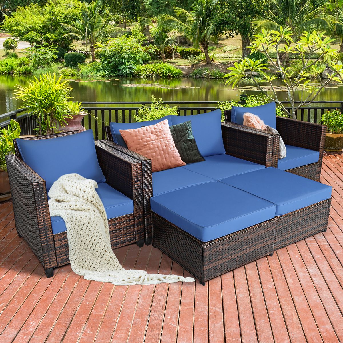 Rattan 5-Piece Cushioned Patio Set - Navy