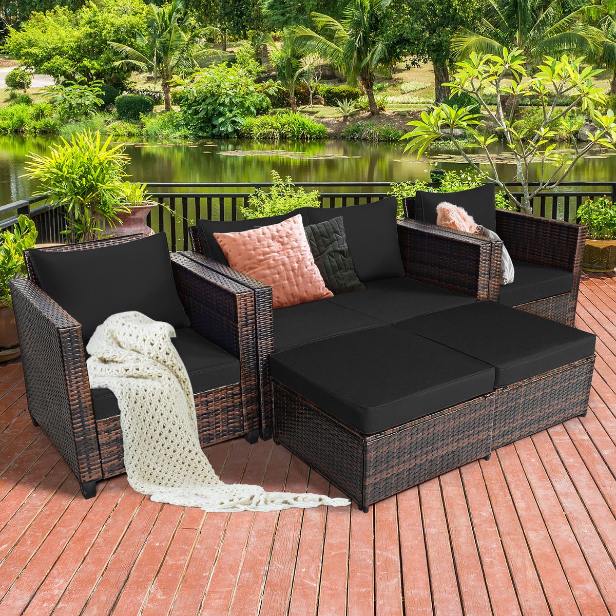 Rattan 5-Piece Cushioned Patio Set - Black