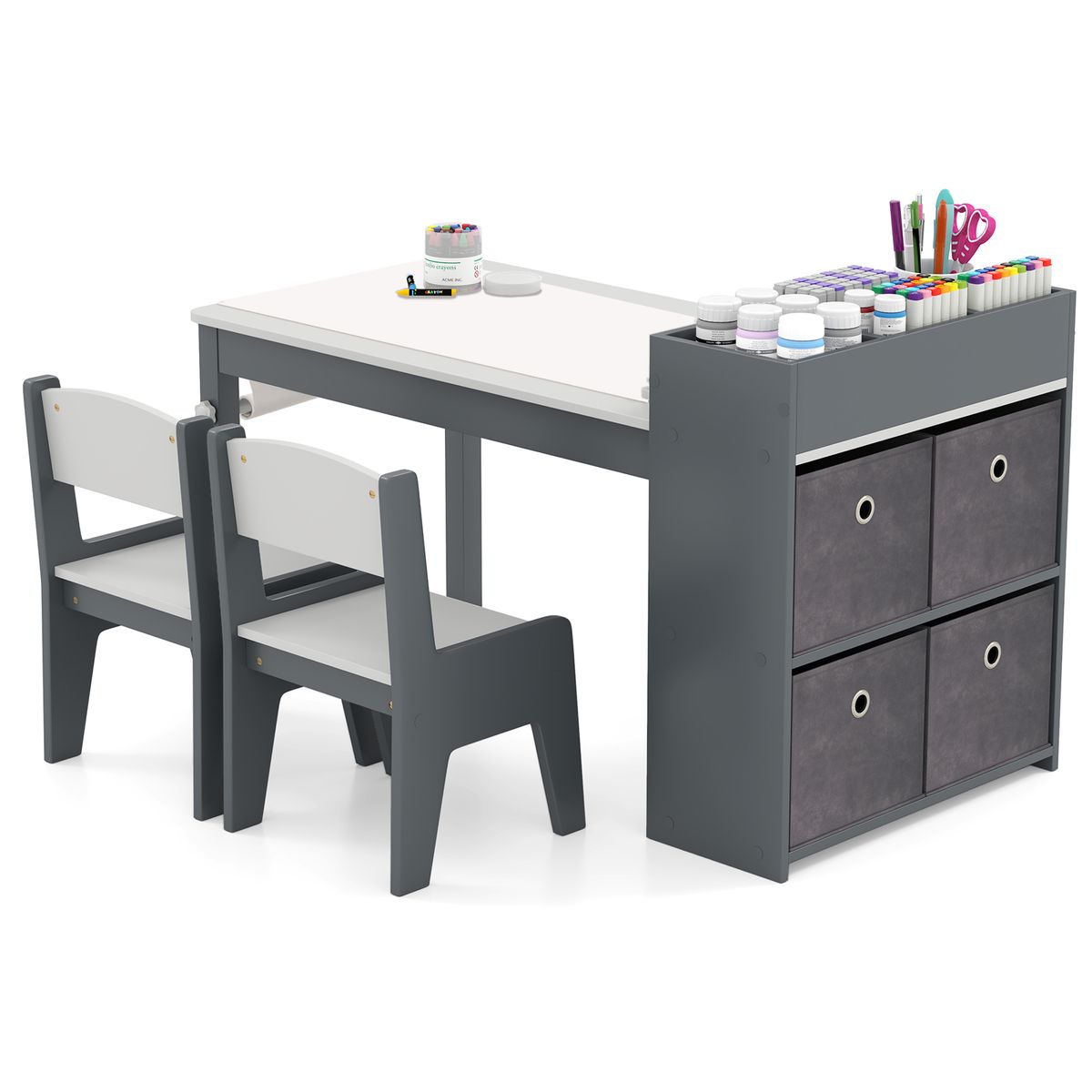 Kids Wooden Art Table and Chairs Set  - Kids Art Table-Gray