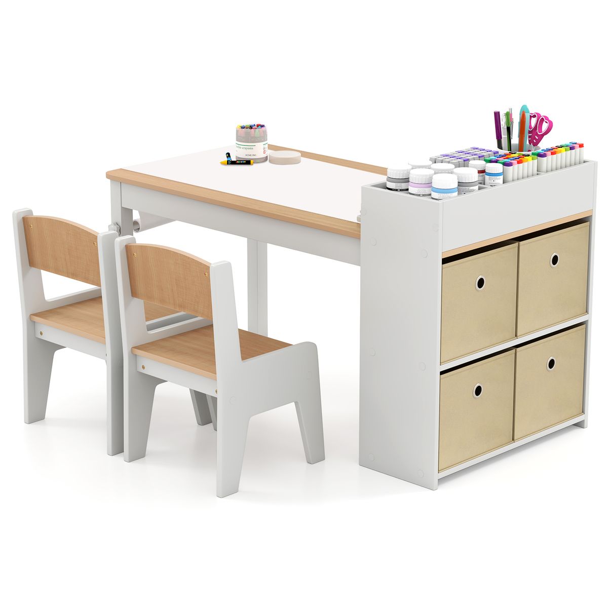 Kids Wooden Art Table and Chairs Set  - Kids Art Table-Natural