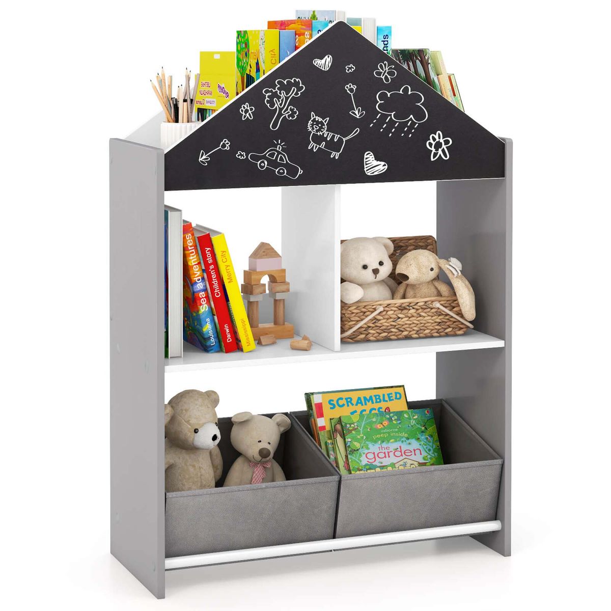 Kids Dollhouse Bookshelf with Chalkboard  and Whiteboard - Kids Dollhouse-Gray