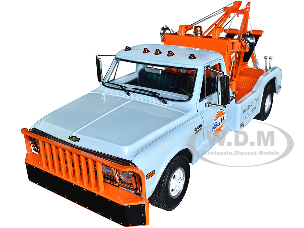1969 Chevrolet C-30 Dually Wrecker Tow Truck "Gulf Oil Welding Tire Collision" Light Blue with Orange 1-18 Diecast Car Model by Greenlight