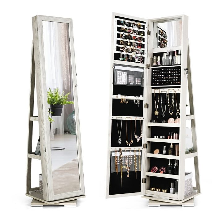 2-in-1 Lockable Mirrored 360° Rotating Jewelry Armoire - White
