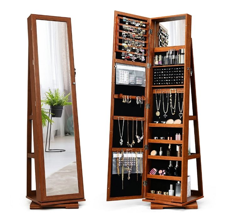 2-in-1 Lockable Mirrored 360° Rotating Jewelry Armoire - Brown