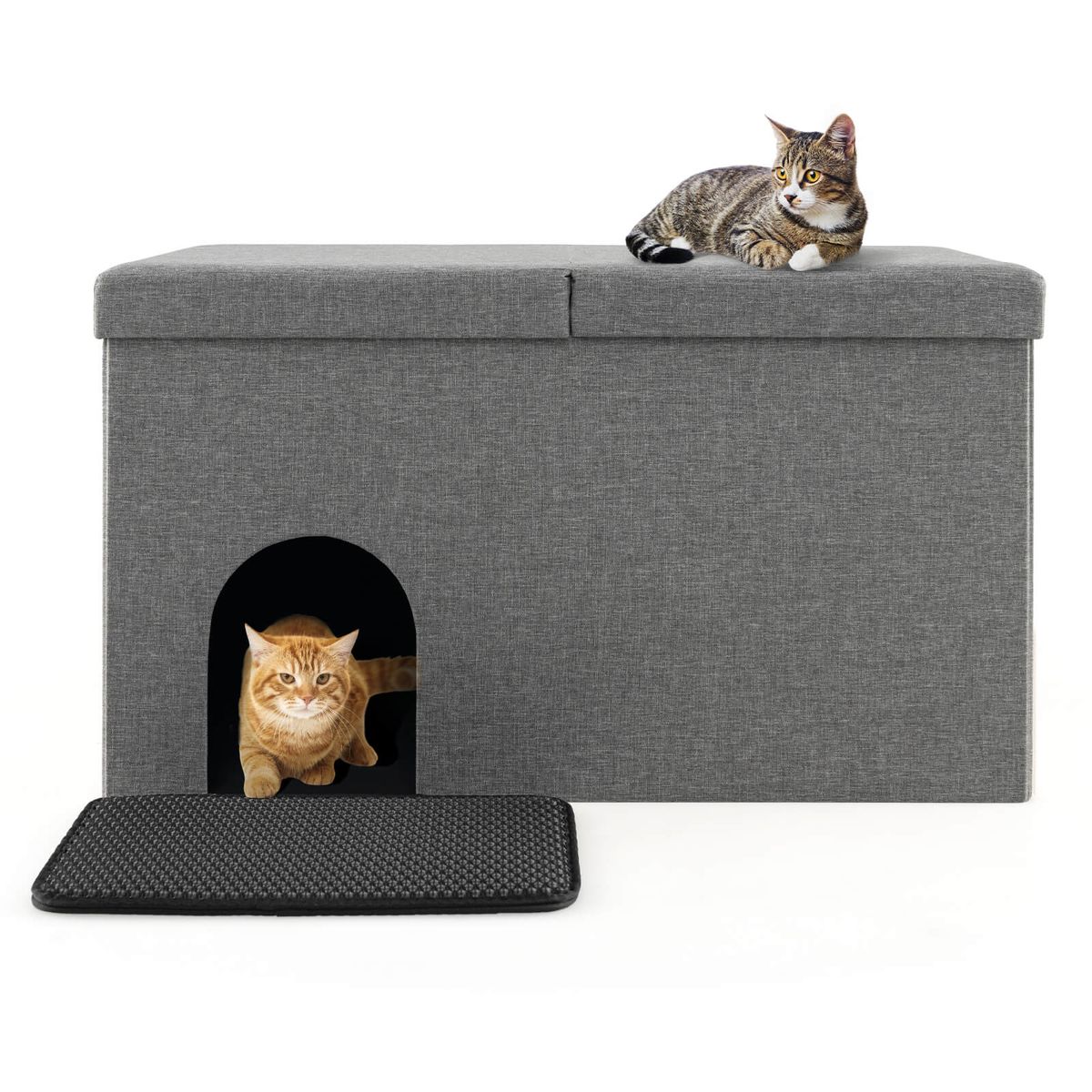 Cat Litter Box Enclosure Hidden Furniture with Urine Proof Litter Mat - Cat Litter Grey