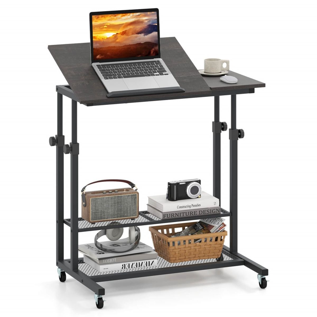 Mobile Stand-Up Desk with Tilting Tabletop and Storage  - Desk- Gray
