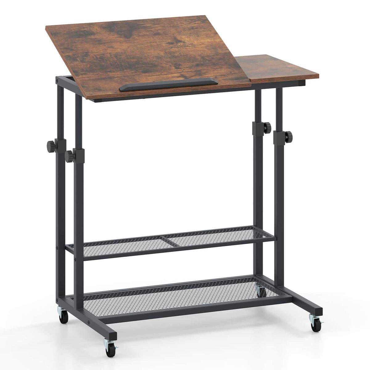 Mobile Stand-Up Desk with Tilting Tabletop and Storage  - Desk-Brown