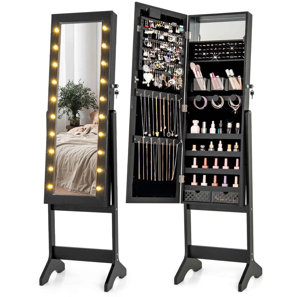 Full-Length Mirrored Jewelry Cabinet with LED Lights  - Jewelry Cabinet -Black