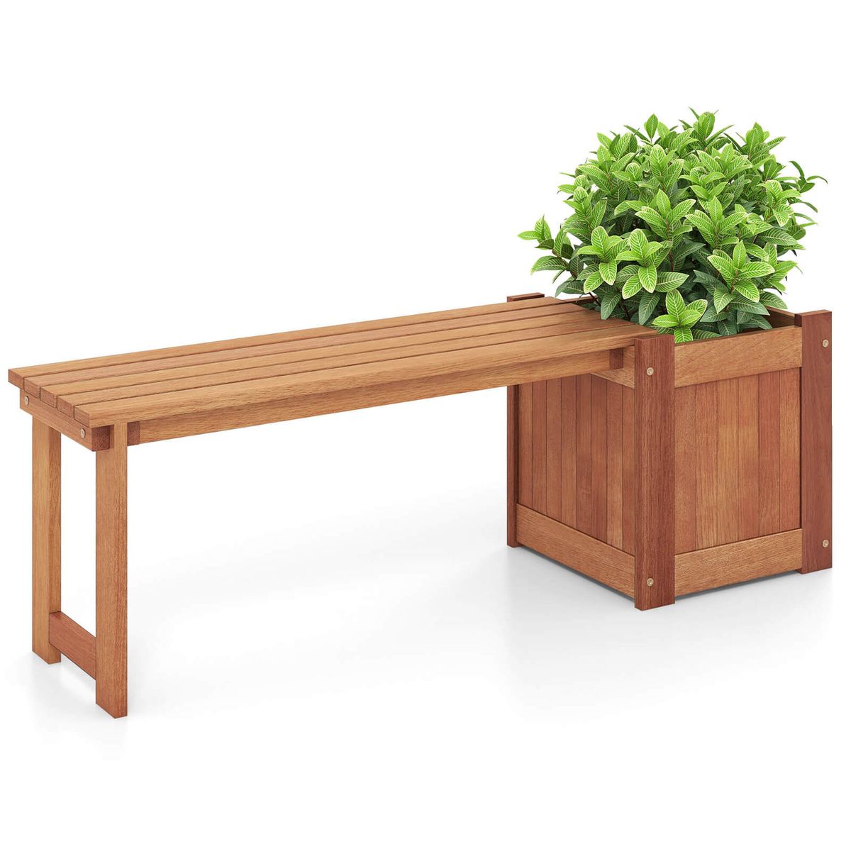 Teak Oil Finish Raised Planter Box with Bench (1 or 2-Pack) - Flower Box with Bench-1