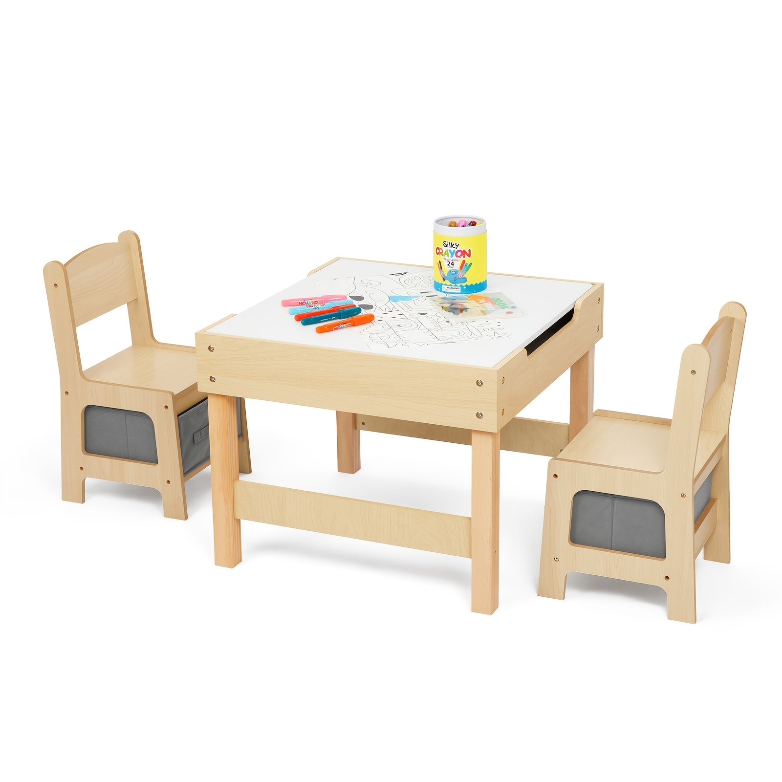 TEMU Solid Wood Table And Chairs Set, 3 In 1 Kids Table And Chair Set With Double-sided Desktop And Toy Storage, For Room, Nursery, Playroom And