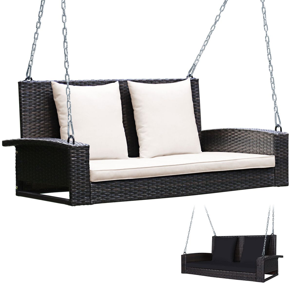 2-Person Rattan Porch Swing - White&Black