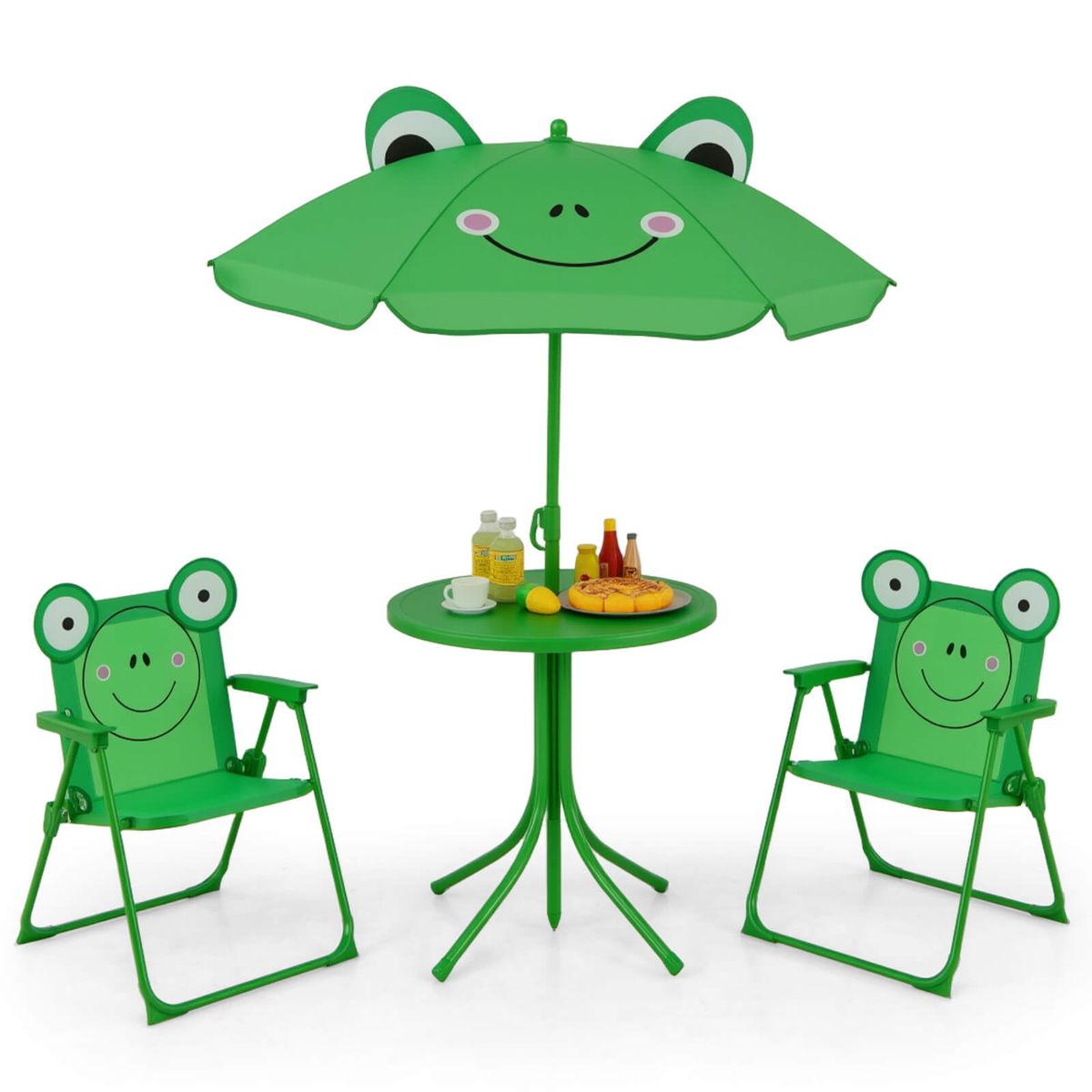 Kids' Picnic Table & Chair Set with 2 Folding Chairs & Umbrella - Kids Picnic Set-Green