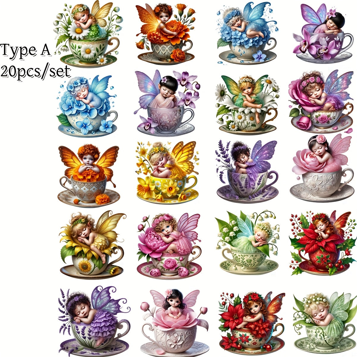 TEMU 20pcs-set Handmade Creative Retro Cartoon Tea Cup With Cute Flower Fairy Series Stickers Suitable For Garbage Diary Notebook Decoration Manual