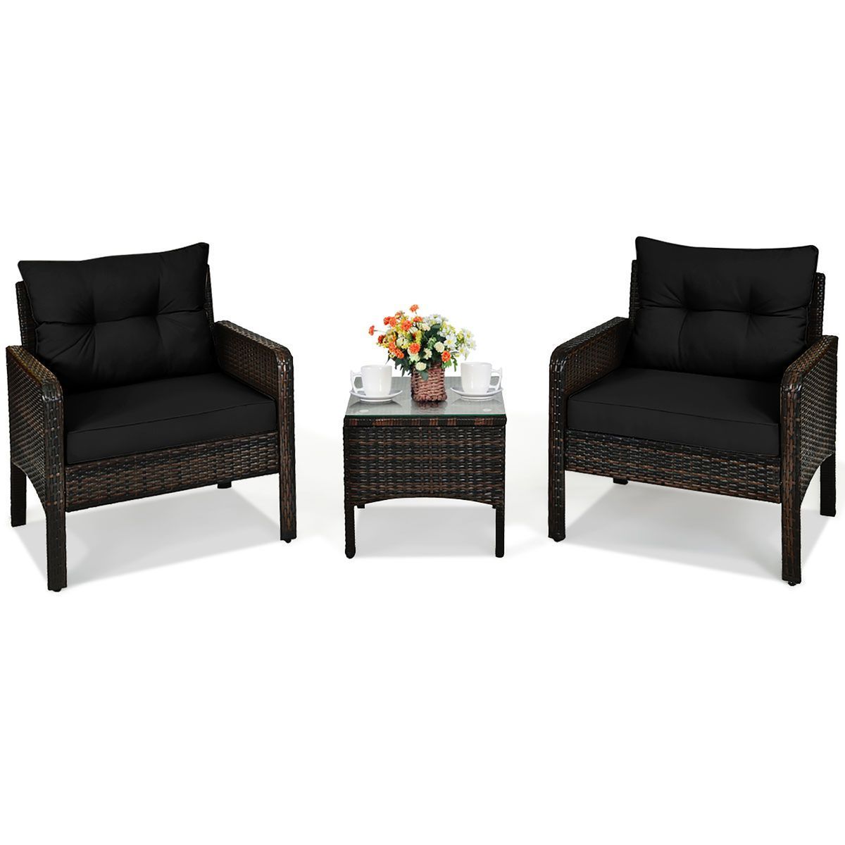 Cushioned Rattan 3-Piece Patio Furniture Set - Rattan Set Black