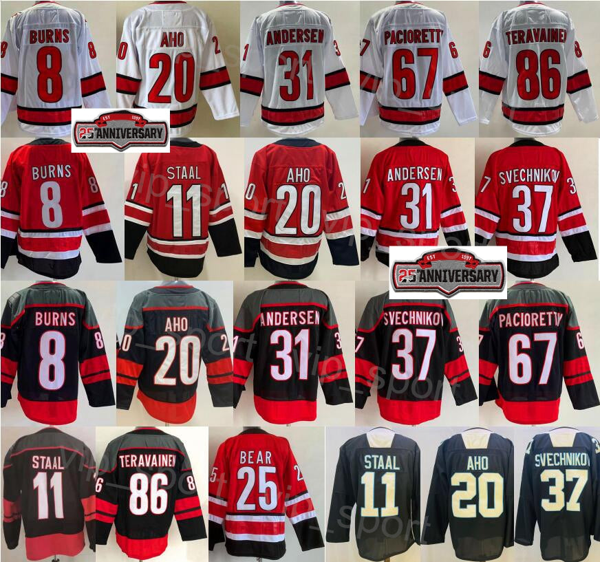 25 Anniversary Ice Hockey 67 Max Paciorett Jersey Man 31 Frederik Andersen 8 Brent Burns 11 Staal 20 Sebastian Aho 37 Andrei Svechnikov 10 Ron Franc